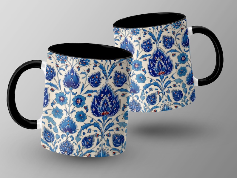 Blue Floral Ceramic Mug, Turkish Inspired Coffee Cup, Unique Gift Idea, Tea Lover's Mug, Home Decor, Artistic Design Beverageware