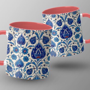 Floral Mug with Blue Botanical Print, Red Handle Coffee Cup, Unique Tea Mug Gift, Colorful Floral Design, Ceramic Mug for Home or Office