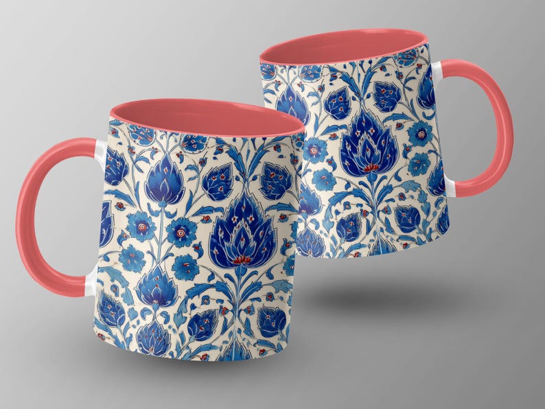 Floral Mug with Blue Botanical Print, Red Handle Coffee Cup, Unique Tea Mug Gift, Colorful Floral Design, Ceramic Mug for Home or Office