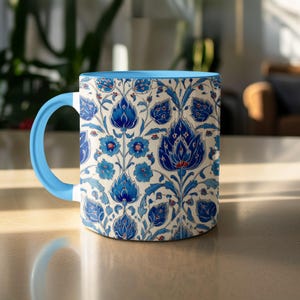 Floral Mug, Blue Pattern Coffee Cup, Artistic Tea Cup, Boho Kitchenware, Unique Design Mug, Gift for Coffee Lovers, Ceramic Mug