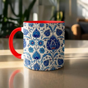 Turkish Tile Inspired Coffee Mug, Blue and White Floral Pattern Cup, Decorative Ceramic Mug with Red Handle, Unique Gift Idea