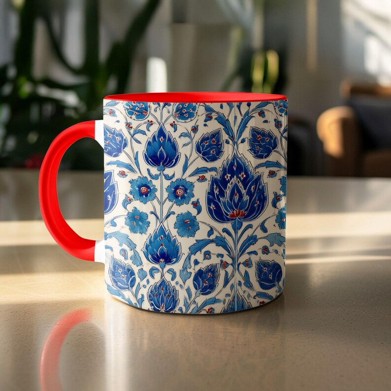 Turkish Tile Inspired Coffee Mug, Blue and White Floral Pattern Cup, Decorative Ceramic Mug with Red Handle, Unique Gift Idea