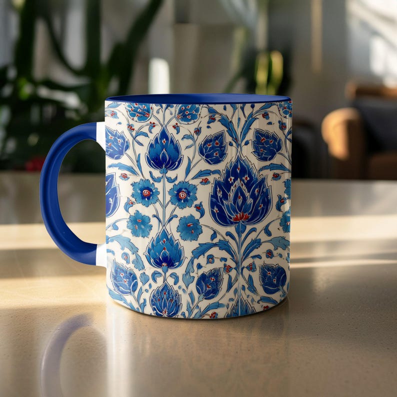 Ceramic Coffee Mug, Blue Floral Pattern, 11oz Tea Cup, Gift for Coffee Lovers, Colorful Mug for Office, Unique Drinkware, Kitchen Decor