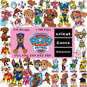 May include: A collection of colorful digital designs featuring characters from the Paw Patrol series. The image includes various dog characters in different poses and outfits, along with the Paw Patrol logo and text that reads "140 Design +700 Files".