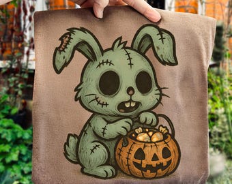Creepy Cute Zombie Bunny PNG, Halloween Pumpkin Candy (Digital Download)