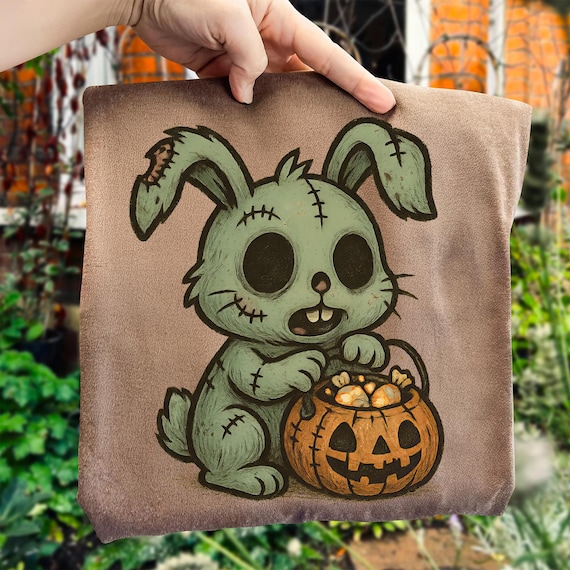 Creepy Cute Zombie Bunny PNG, Halloween Pumpkin Candy (digital