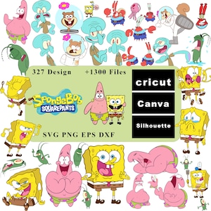 May include: A collection of cartoon character designs from the animated series Spongebob Squarepants. The image includes various characters like Spongebob, Patrick Star, and Squidward, along with the show's logo and text indicating file formats and design options.