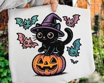 Czarna kotka i czarownica PNG: Dynia halloweenowa w stylu retro, nietoperze (pobranie cyfrowe)