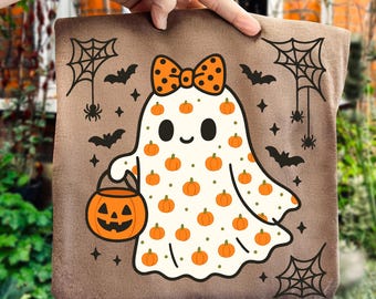 Kawaii Bow Ghost PNG: Retro Halloween Trick or Treat Design (Digital Download