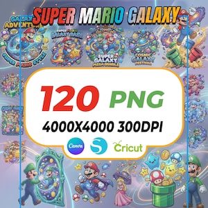 May include: A digital art bundle featuring Super Mario Galaxy characters and themes. The image includes various illustrations of Mario, Luigi, and other characters, along with the text "120 PNG" and "4000X4000 300DPI". The design is suitable for use with Canva and Cricut.