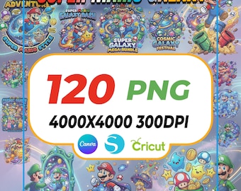 100+ Super Mario Galaxy PNG | Mario Clipart | Gamer T-Shirt Design Bundle | Instant Download