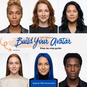 May include: A promotional image featuring six diverse individuals. The image includes the text "Build Your Avatar" in blue script, with "UGC Creator" above and "Step-by-step guide" below. The words "Workflow" and "Digital PDF Download" are also visible.