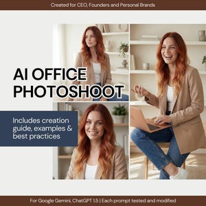 Könnte beinhalten: Werbebild mit dem Text "AI OFFICE PHOTOSHOOT" und "Includes creation guide, examples & best practices." Das Bild zeigt eine Frau in einem beigen Blazer und Jeans, mit einem Laptop. Der Text oben lautet "Created for CEO, Founders and Personal Brands."