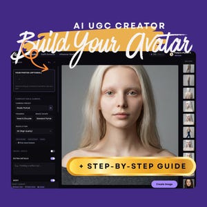 Könnte beinhalten: Eine digitale Benutzeroberfläche mit dem Text "Build Your Avatar" und "AI UGC CREATOR". Die Oberfläche zeigt ein Porträt einer hellhäutigen Person mit blonden Haaren. Die Oberfläche enthält Optionen zum Hochladen von Fotos und Kameraeinstellungen.