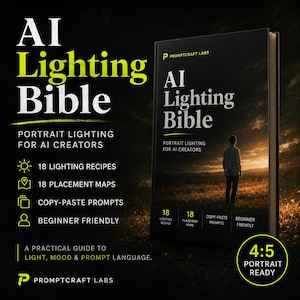 May include: A black book titled AI Lighting Bible: Portrait Lighting for AI Creators. The cover features a person standing in a field at sunset. Text includes 18 lighting recipes, 18 placement maps, copy-paste prompts, and beginner friendly.