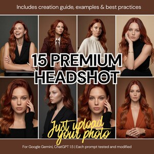 Könnte beinhalten: Werbebild mit einer Frau mit langen roten Haaren in verschiedenen Kopfposen. Der Text "15 PREMIUM HEADSHOT" ist prominent dargestellt. Zusätzlicher Text lautet "Just upload your photo" und "Includes creation guide, examples & best practices."