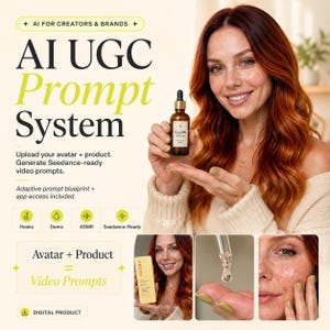 Könnte beinhalten: Eine digitale Produktwerbung für ein AI UGC Prompt System mit Text, einer braunen Glas-Pipettenflasche mit der Aufschrift Glow Serum und drei kleinen Bildern, die eine gelbe Produktbox, einen klaren Flüssigkeitstropfen und Haut zeigen.