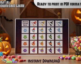 May include: A Halloween-themed digital download game with the text "Monster Costume Match." The game features a grid of cartoon monsters and witch-themed accessories. The words "Digital Download Game" and "Instant Download" are also visible.