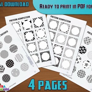 Puede incluir: Cuatro hojas de trabajo de finalización de patrones, cada una con patrones geométricos y recortes para emparejar. Las hojas en blanco y negro están etiquetadas como "Pattern Completion" y "Pattern Completion Cutouts". También es visible el texto "Digital Download Game" y "Ready to Print in PDF Format". La imagen muestra "4 Pages".