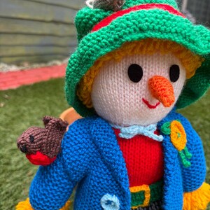 K&ouml;nnte beinhalten: Handgestrickte Puppe mit gr&uuml;nem Hut, rot-gr&uuml;nem Streifen und einem kleinen grauen Koala. Die Puppe tr&auml;gt eine blaue Jacke, ein rotes Hemd und einen gelb-gr&uuml;nen G&uuml;rtel. Ein brauner Vogel sitzt auf der Schulter.