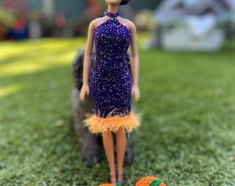 Handgestricktes Halloween-Barbie-Kleid und Hut-Set – verschiedene Farben und Designs