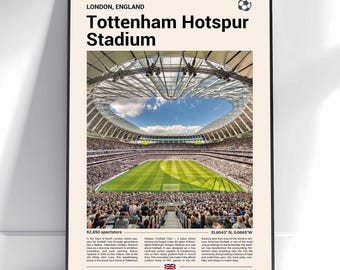May include: Poster print of Tottenham Hotspur Stadium in London, England. The image shows the stadium's exterior and interior, including the field, seating, and open roof. Text at the top reads "Tottenham Hotspur Stadium".