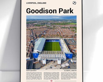 May include: A poster featuring an aerial view of Goodison Park, a football stadium in Liverpool, England. The stadium has a blue and white exterior with a green field. Text includes "Goodison Park" and "39,414 spectators".