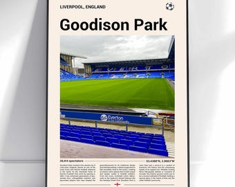 May include: A framed poster featuring Goodison Park, a football stadium in Liverpool, England. The image shows the green field, blue seating, and the stadium's architecture. Text includes "Goodison Park" and "Liverpool, England."