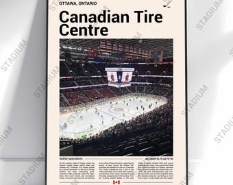 May include: A framed poster featuring the Canadian Tire Centre in Ottawa, Ontario. The image shows a hockey game in progress, with the arena filled with spectators. Text includes the arena's name, location, and spectator count.