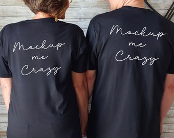 Casais Mockup Back of Bella Canvas Preto 3001 Camiseta Mockup Casais T-shirt Mockup Camisa Masculina Mockup Mulheres Modelo Mockup Casais Back Mockup