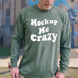Male 1717 Comfort Colors moss tshirt mockup. Outdoor lifestyle mockup on Etsy.