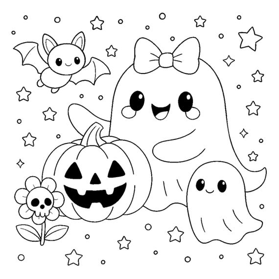 10 Printable pages, Spooky Cutie page, Relaxation Coloring Book, Halloween art pdf, Commersial Use