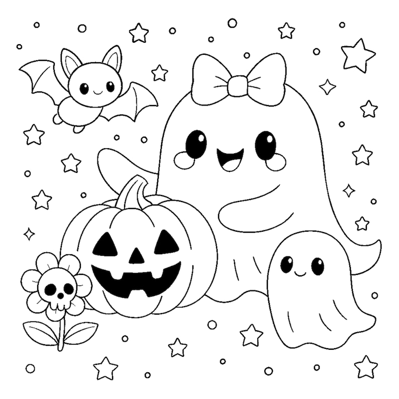 10 Printable pages, Spooky Cutie page, Relaxation Coloring Book, Halloween art pdf, Commersial Use image 1