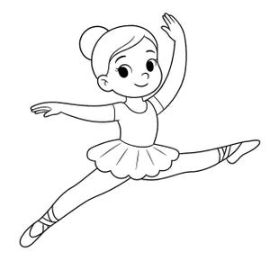 May include: A black and white illustration of a young ballerina in mid-air, performing a split. She wears a leotard and tutu, with her arms and one leg extended. Her hair is in a bun.