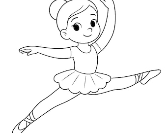 May include: A black and white illustration of a young ballerina in mid-air, performing a split. She wears a leotard and tutu, with her arms and one leg extended. Her hair is in a bun.