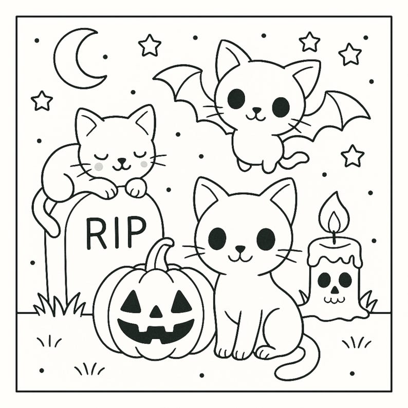 10 Printable pages, Spooky Cutie page, Relaxation Coloring Book, Halloween art pdf, Commersial Use image 3