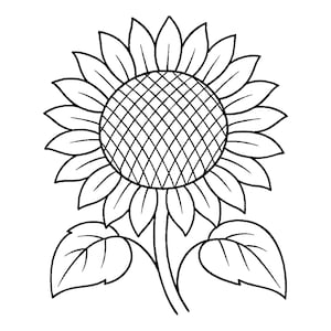 May include: Black and white line drawing of a sunflower. The sunflower has a large, detailed center with a crosshatch pattern. The petals are broad and rounded, and the stem has two large leaves.
