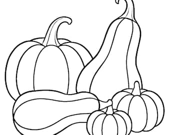 May include: Line drawing of a collection of pumpkins and gourds. The image features a large, round pumpkin, a long, curved gourd, and two smaller pumpkins. The pumpkins and gourds are outlined in black.