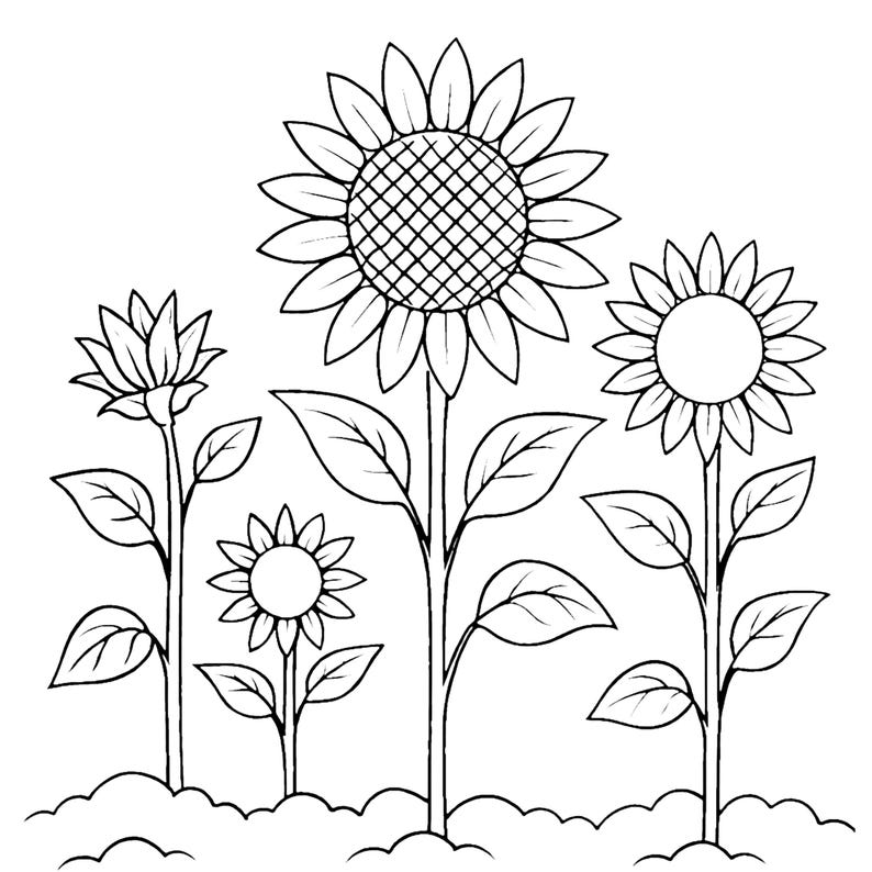 May include: Black and white line drawing of several sunflowers in various stages of bloom. The image features detailed petals, leaves, and stems, with a simple outline style. The sunflowers are planted in a row, suggesting a garden or field.