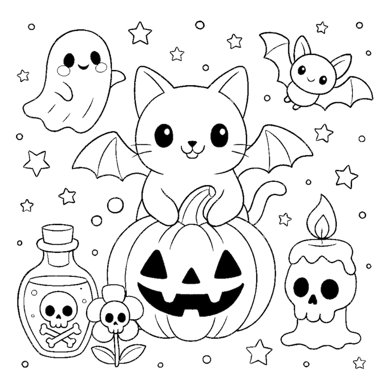 10 Printable pages, Spooky Cutie page, Relaxation Coloring Book, Halloween art pdf, Commersial Use image 2