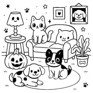 May include: A black and white line art illustration featuring a cat sitting on a sofa, two dogs on a rug, a jack-o'-lantern, a lamp on a side table, a potted plant, and a framed picture of a dog on the wall, all decorated with stars.