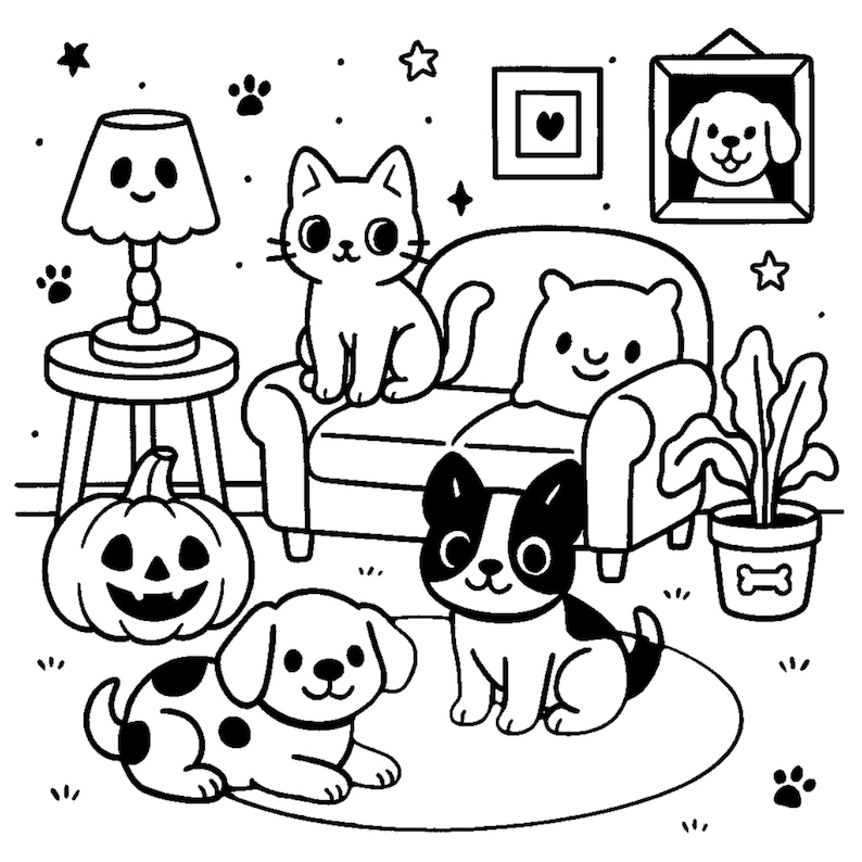 May include: A black and white line art illustration featuring a cat sitting on a sofa, two dogs on a rug, a jack-o'-lantern, a lamp on a side table, a potted plant, and a framed picture of a dog on the wall, all decorated with stars.