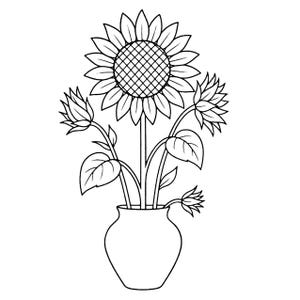 May include: Black and white line drawing of sunflowers in a vase. The image features a large, fully bloomed sunflower with a detailed center, accompanied by several buds and leaves. The flowers are in a simple vase.