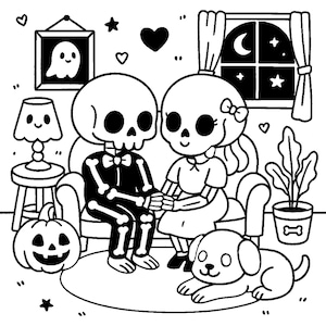 May include: A black and white line art illustration featuring two skeletons sitting on a sofa holding hands. The scene includes a jack-o'-lantern, a dog, a lamp, a framed ghost picture, and a window showing a night sky with a moon and stars.