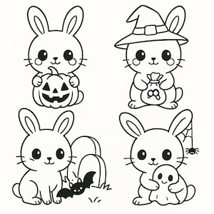 May include: A black and white line art illustration featuring four bunnies. One holds a jack-o'-lantern, one wears a witch hat and holds a sack, one sits by a tombstone with a bat, and one holds a ghost with a spider hanging from a web.