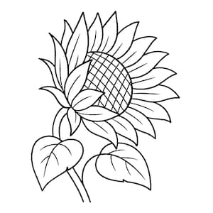 May include: Black and white line drawing of a sunflower. The sunflower has a large, detailed center with a crosshatch pattern. The petals are long and pointed, and the stem has two large leaves.