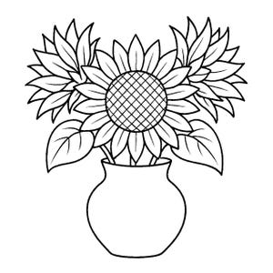 May include: Black and white line art of sunflowers in a vase. The sunflowers have large, detailed petals and a textured center. The vase is a simple, rounded shape, holding the stems and leaves of the flowers.