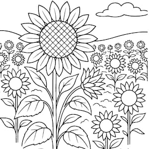 May include: Black and white line drawing of a field of sunflowers. The image features a large sunflower in the foreground, with several smaller sunflowers in the background. A cloud is in the sky.
