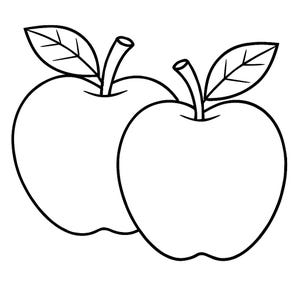May include: Two outline drawings of apples. Each apple has a stem and a leaf. The apples are side by side, with one slightly behind the other. The image is a simple black and white illustration.