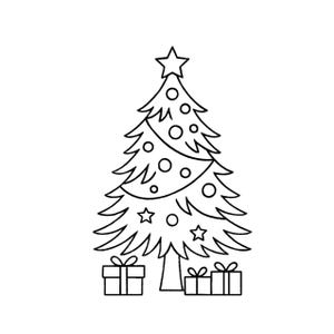 May include: A black and white line drawing of a Christmas tree decorated with ornaments and a star on top. Presents are at the base of the tree, all in a simple, minimalist style.